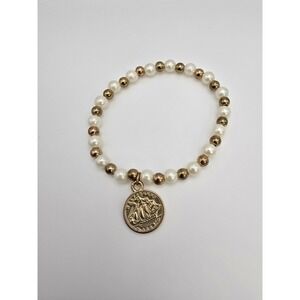 Ancient Greek Faux Gold Coin Charm Bracelet White & Gold Tone Stretchy FREE $HIP